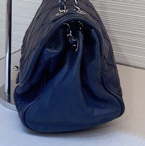Chanel Calfskin Chain Shoulder Bag Blue Silver Used Women Classic Designer