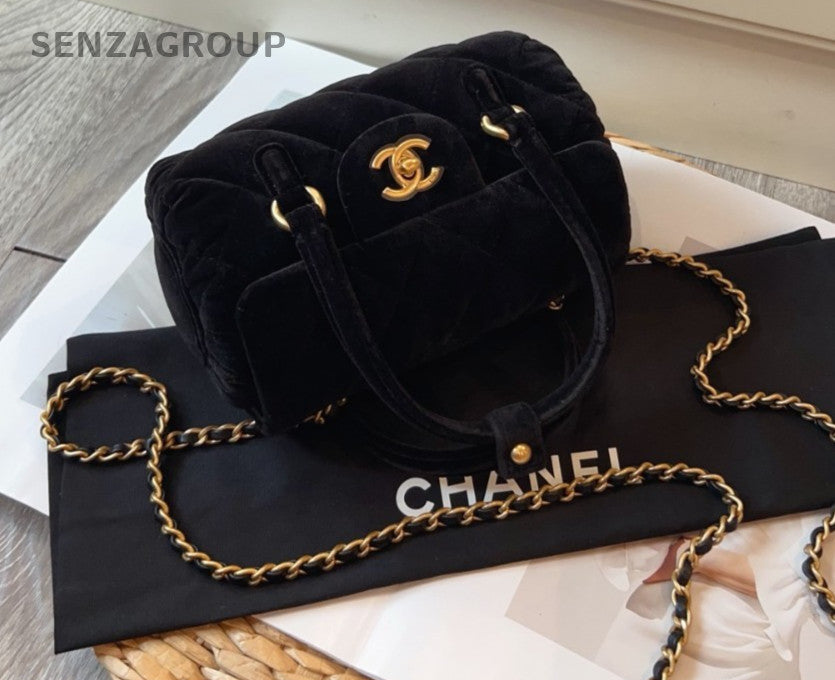 CHANEL CC Logo 25C Velvet Top Handle 2way Shoulder Handbag Black Gold Women