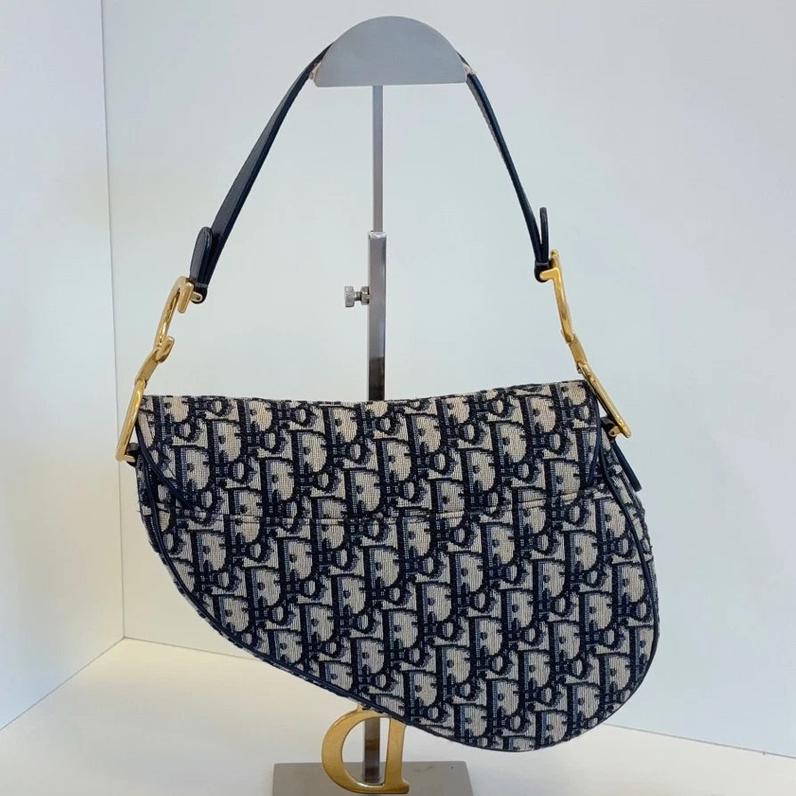 Christian Dior Monogram MM Shoulder Bag Blue Gold Hardware Women