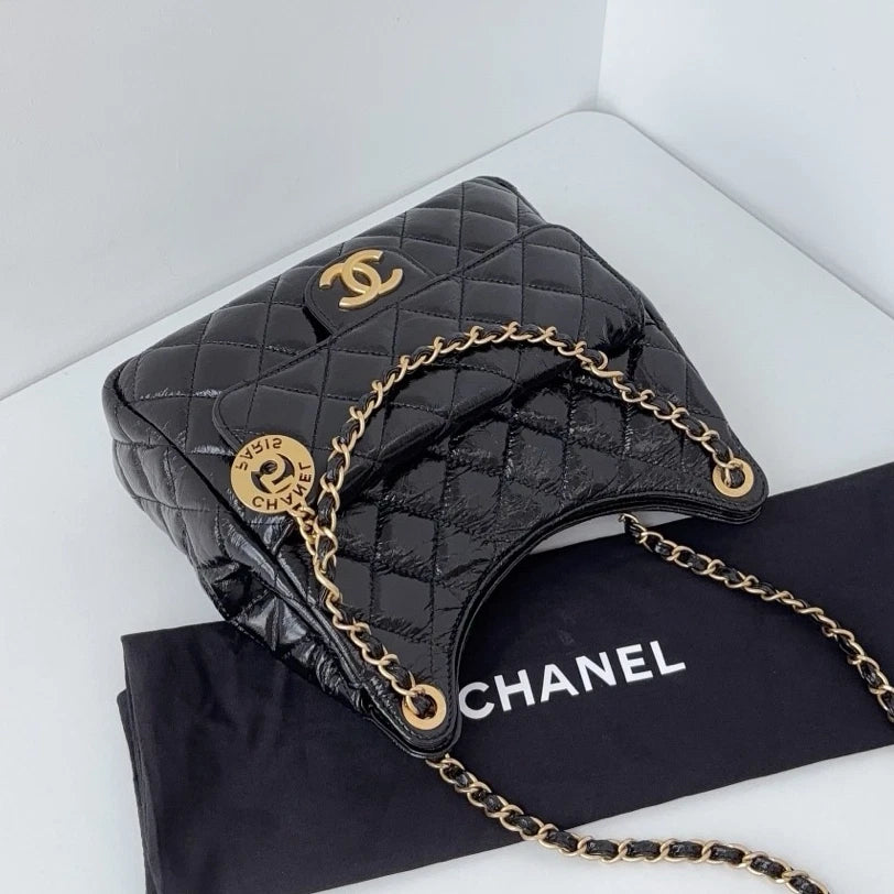 Chip Version Chanel Hobo MM Diamond Gold Chain Black Shoulder Bag Crossbody