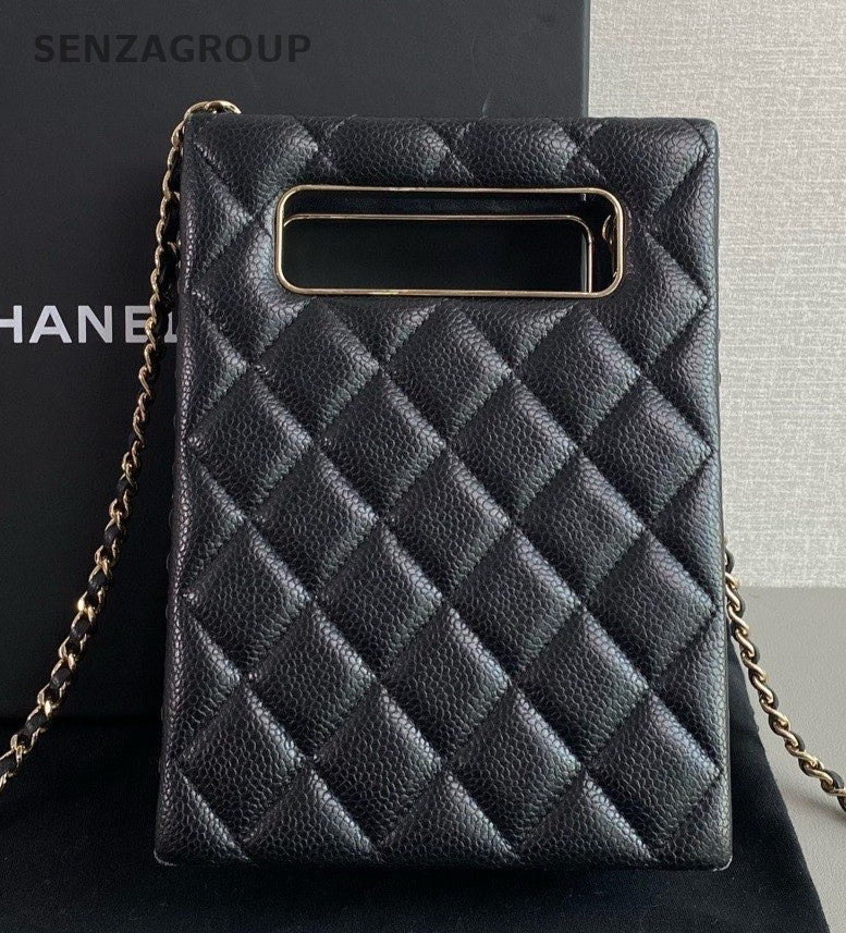 Chanel 22S Tote Diamond Chain Crossbody Black Gold Women Classic