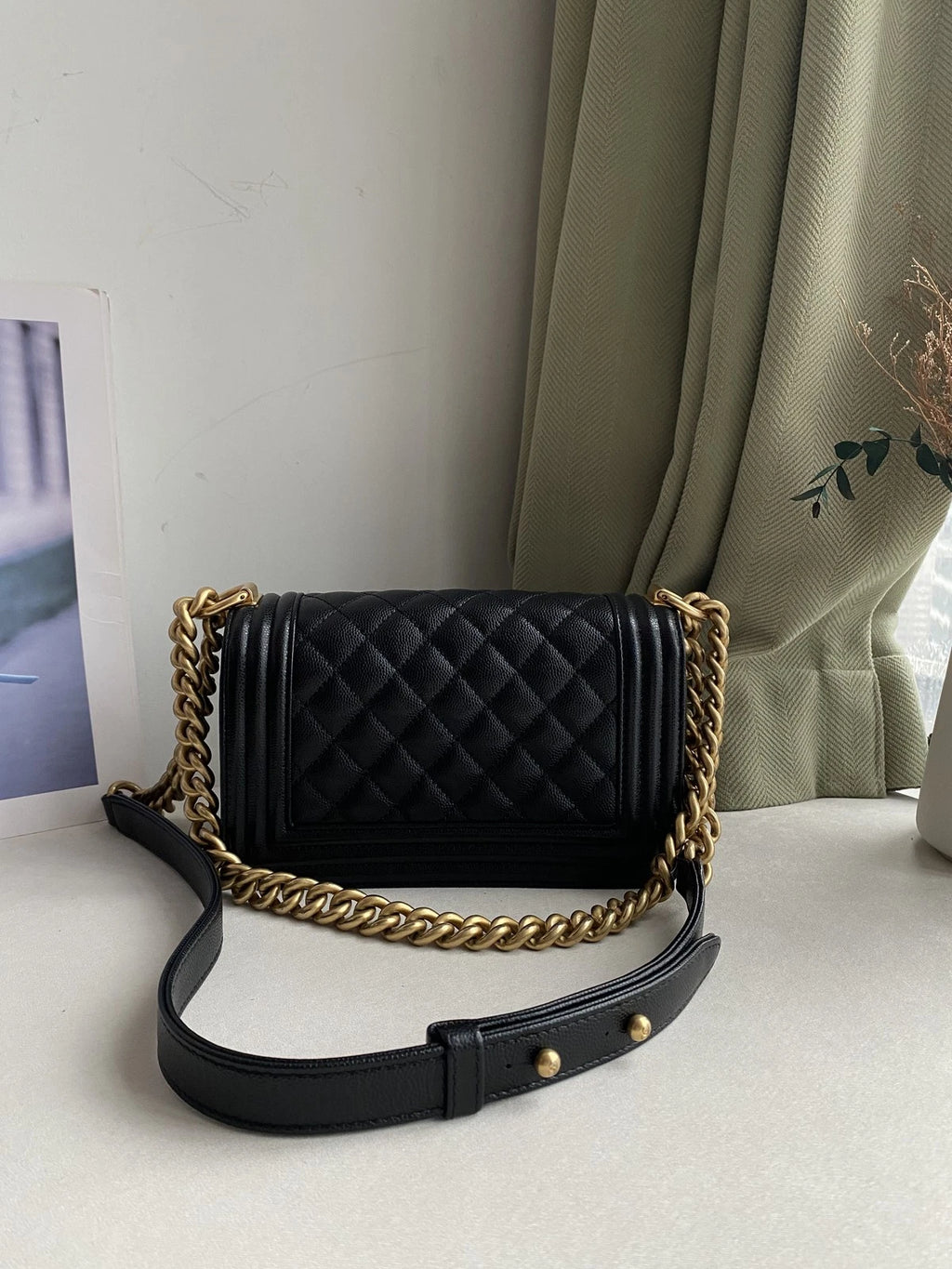 CHANEL Black Gold Leather Small LeBoy Shoulder Bag For Women