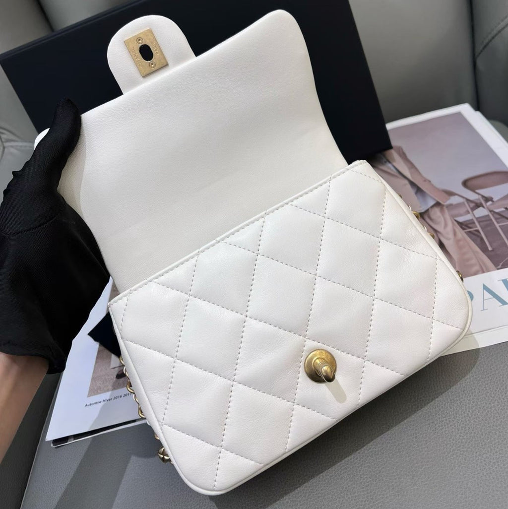 Chanel Classic Flap Chain Lambskin Shoulder Bag White Gold Women Fashion Diamond
