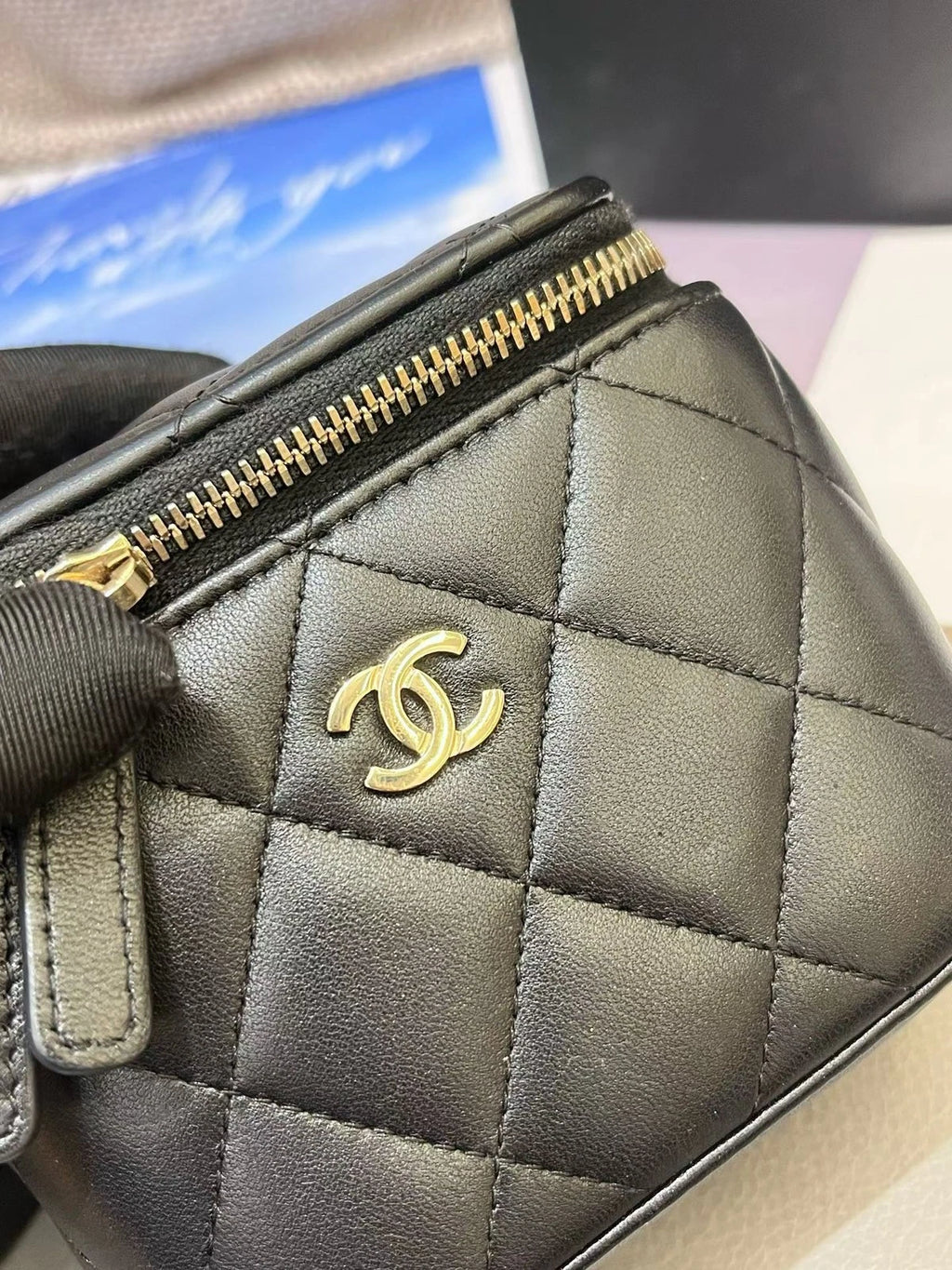 Chanel Lambskin Mini Vanity Case Chain Crossbody Black Gold Diamond Women