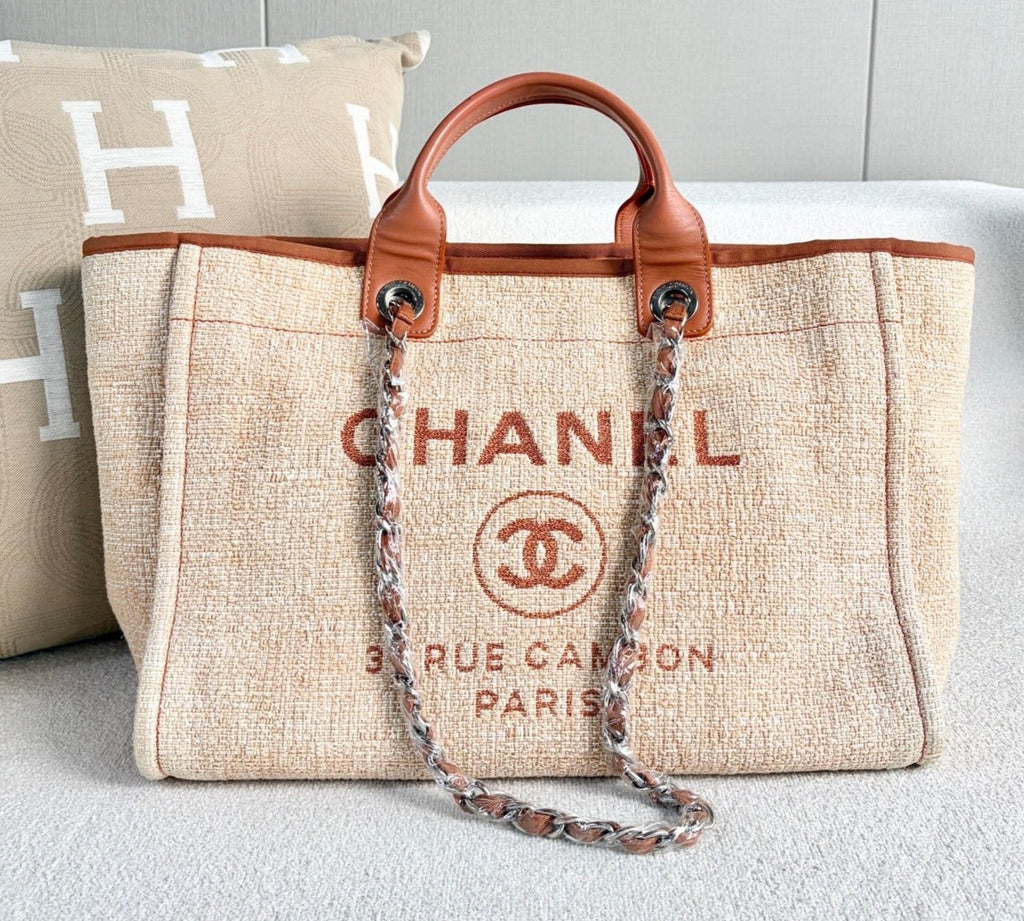Chanel Canvas Beach Bag Top Handle Chain Shoulder Bag Orange Silver Women