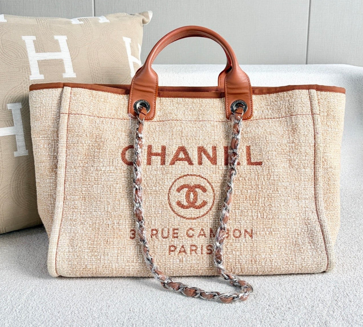 Chanel Canvas Beach Bag Top Handle Chain Shoulder Bag Orange Silver Women