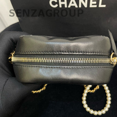 Chanel 21K Black Pearl Gold Chain Phone Bag Crossbody Women's Quilted