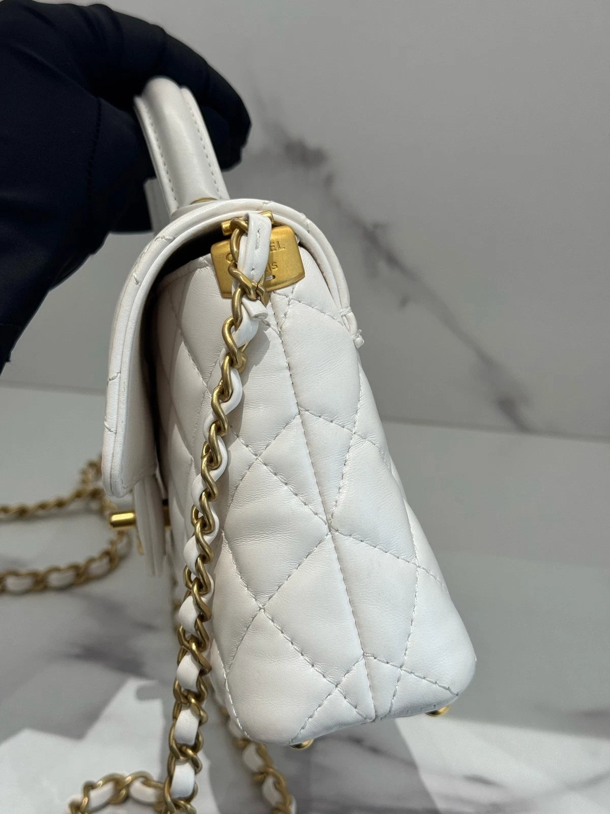 CHANEL Kelly Small Lambskin Flap Top Handle Bag White Gold Women