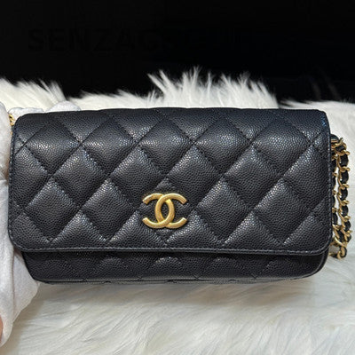 Chanel Quilted Chain Shoulder Crossbody Bag Black Gold Classic Women