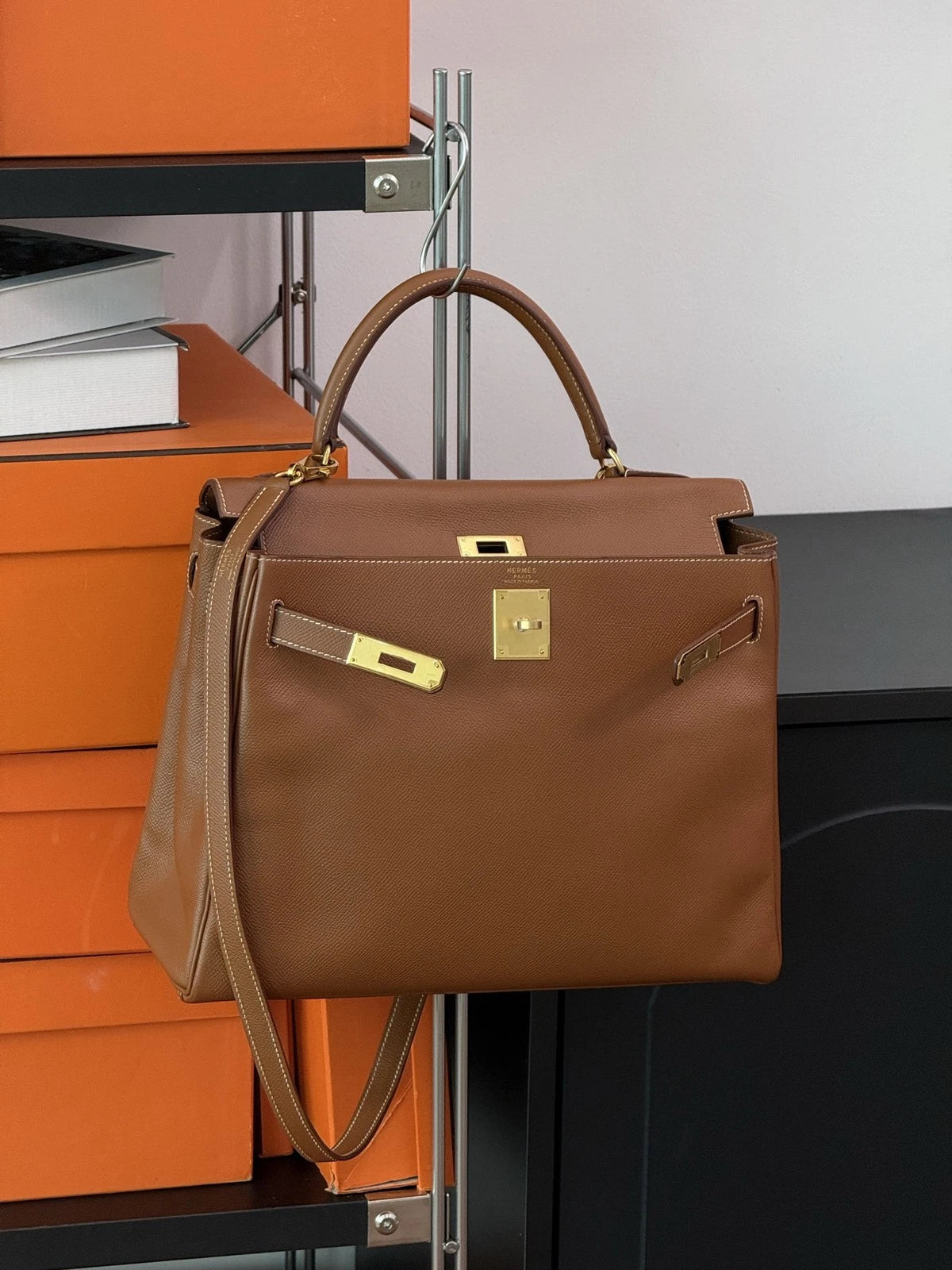 Authentic Hermes Kelly 32 Courchevel Tote Top Handle Crossbody Bag Brown GHD