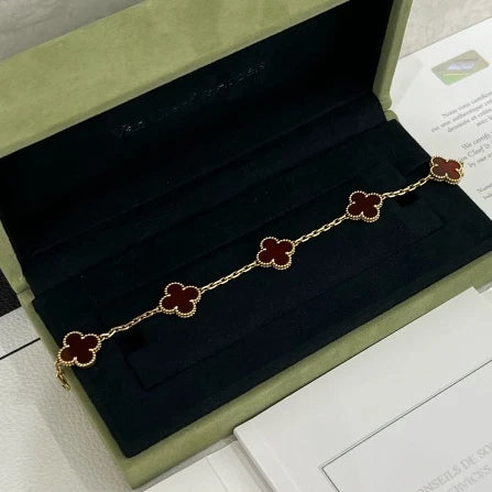 Van Cleef &amp; Arpels VCA Vintage Alhambra 5 Motifs Bracelet 18K YG Red Carnelian