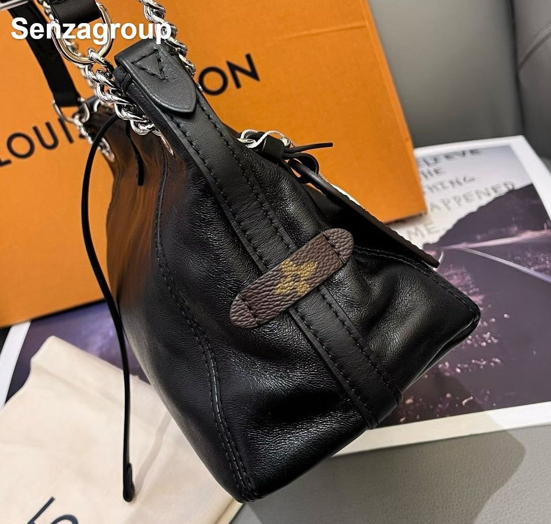 Louis Vuitton Carryall BB Lambskin Chain Shoulder Bag Black Silver Women Classic