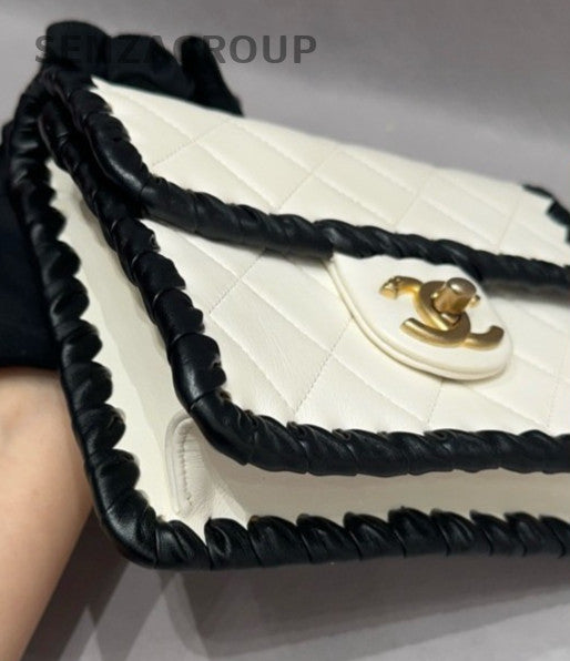 Chanel Chain 2Way Shoulder Bag Crossbody Black White Gold Women Classic Vintage