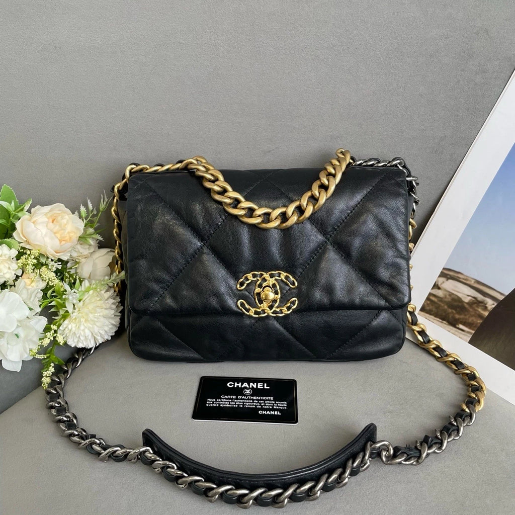 CHANEL 19Bag Small Black Gold Lambskin Shoulder Bag For Women