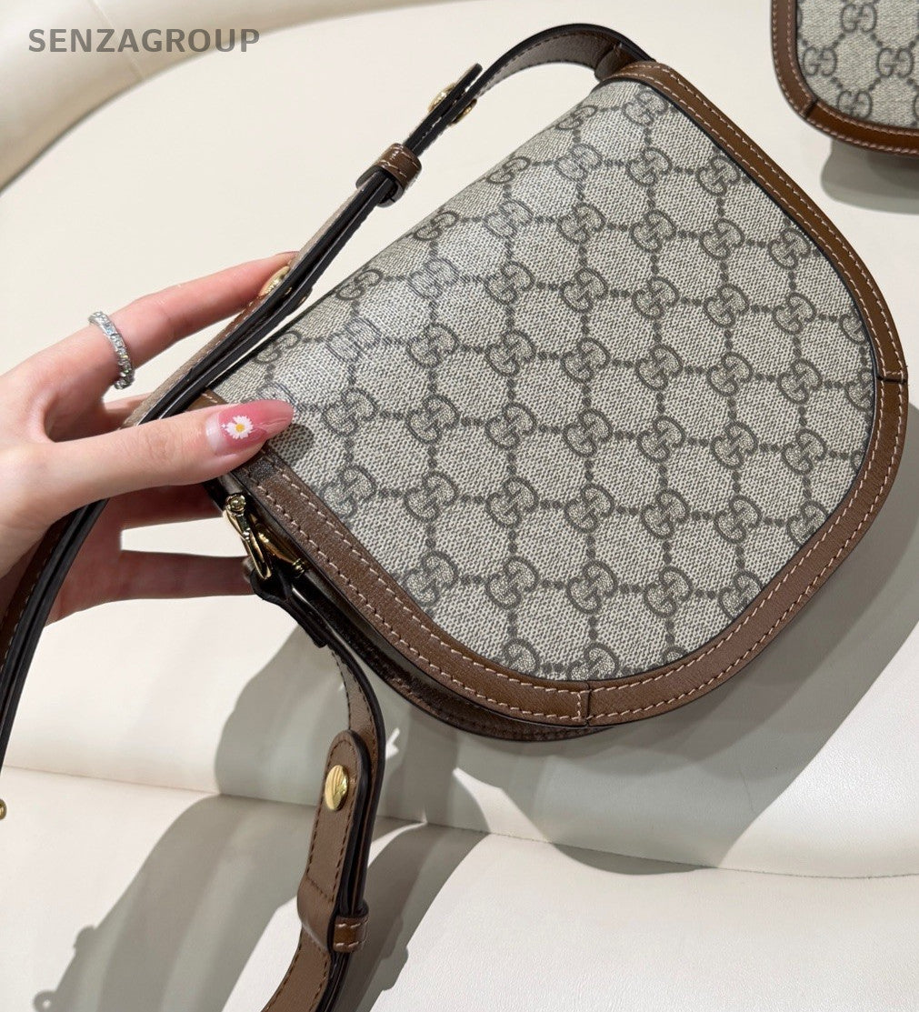GUCCI 1955 Horsebit Saddle mini Monogram Shoulder bag Brown Gray Women Classic
