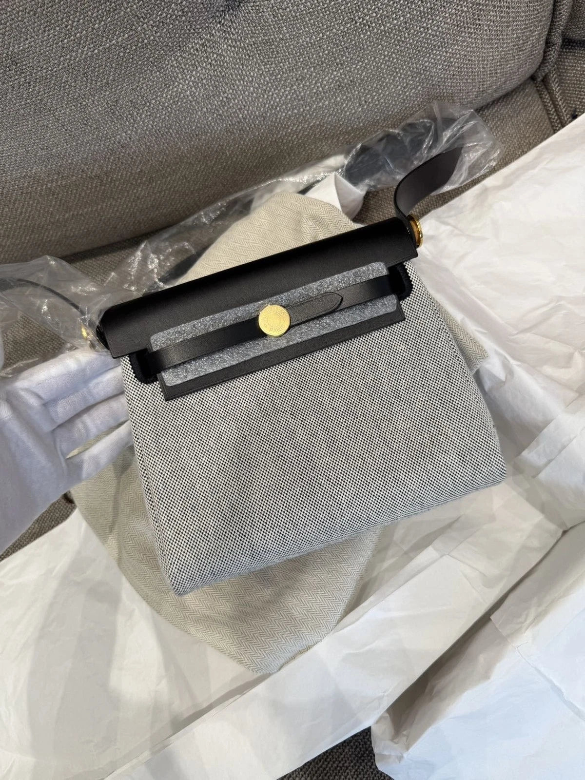 Hermes Mini Herbag Canvas Women's Tote Bag Black White