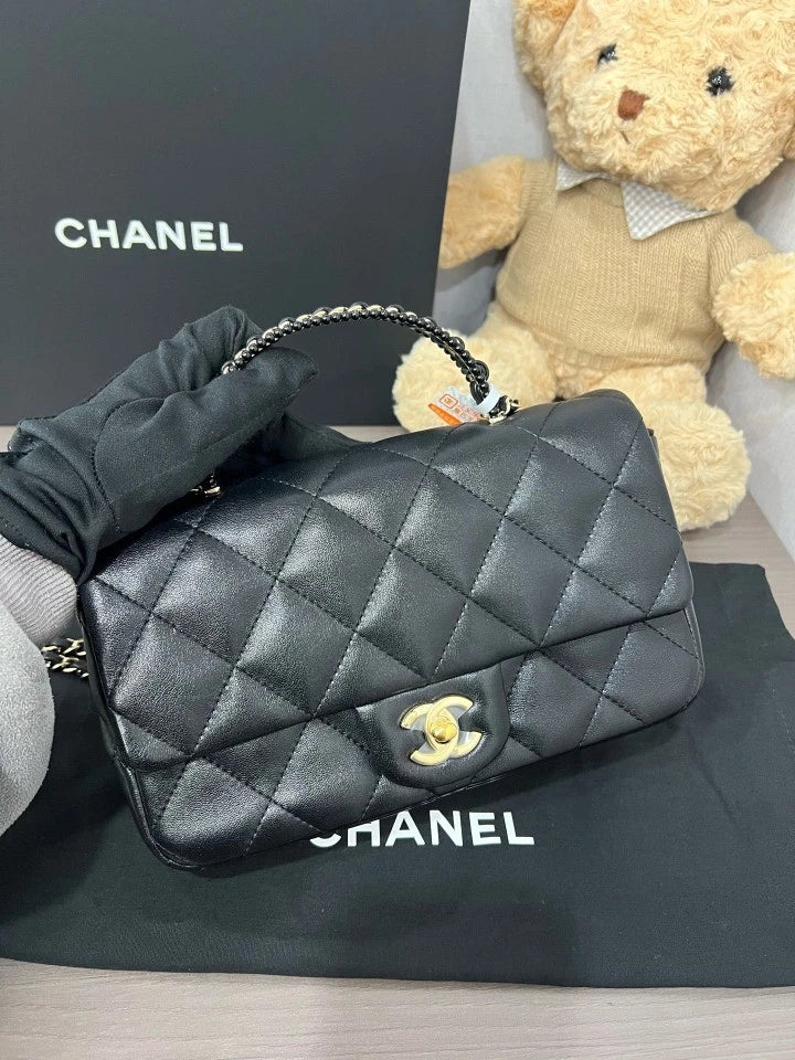 CHANEL Black Gold Classic Flap Top Handle Crossbody Bag For Women