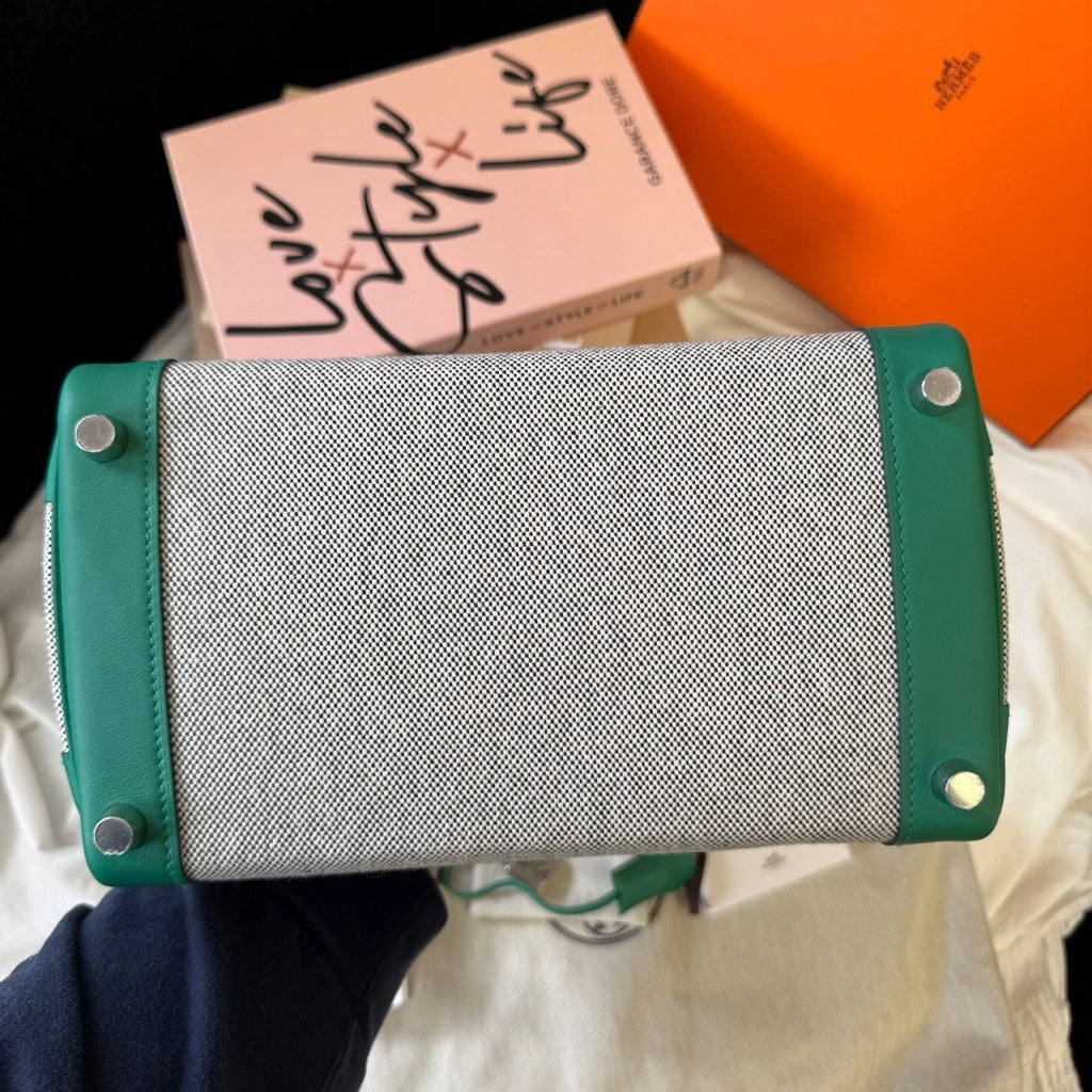 Hermes Birkin25 Canvas Green Silver Handbag For Women