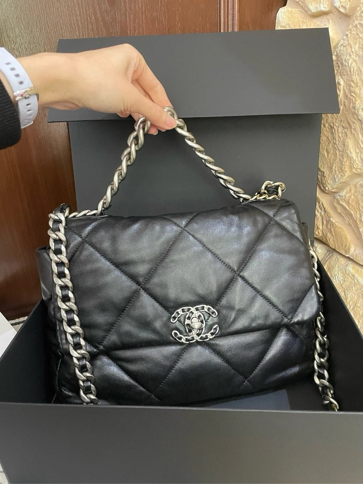 CHANEL 19 Medium Black Silver Hardware Shoulder Handbag for Women