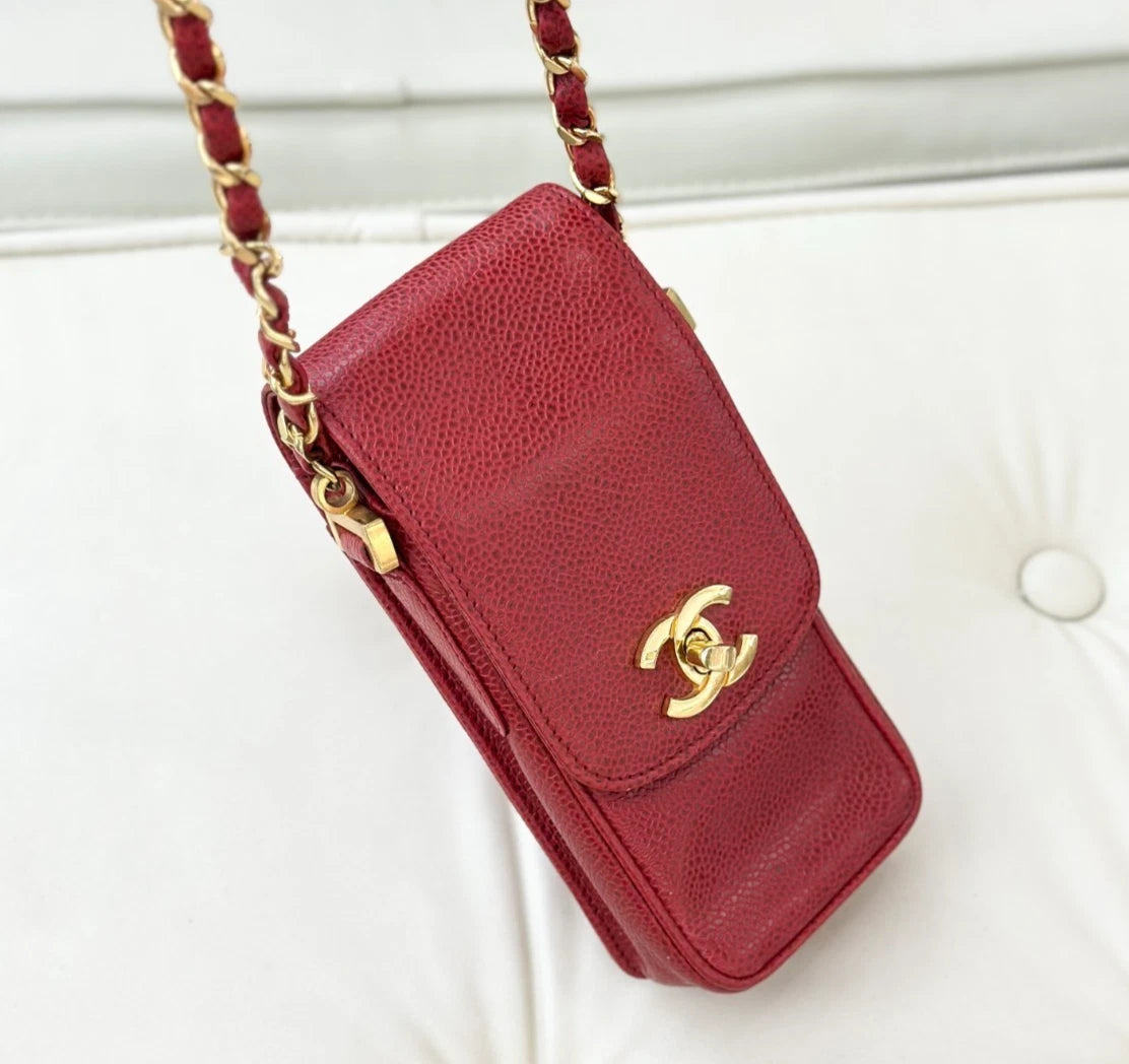 Chanel Vintage Calfskin Phone Bag Red Turn Lock Shoulder Bag Crossbody S