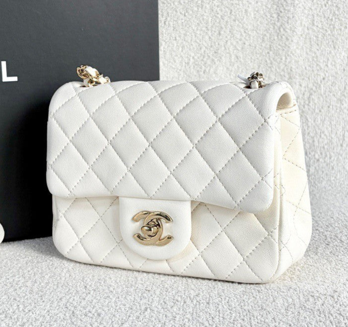 Chanel Classic Flap Lambskin Chain Shoulder Bag White Gold Women Fashion