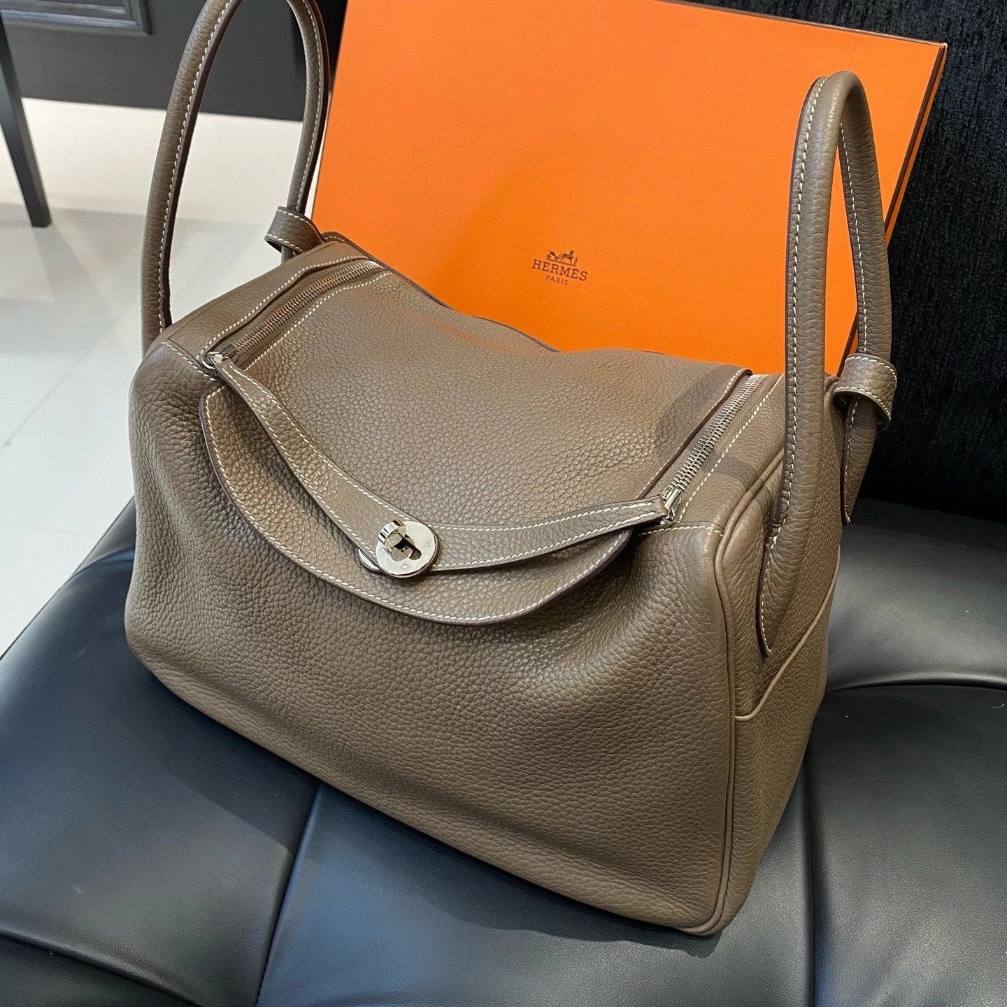 Hermes Lindy34 Top Handle Shoulder Bag Gray Silver Women Classic Fashion