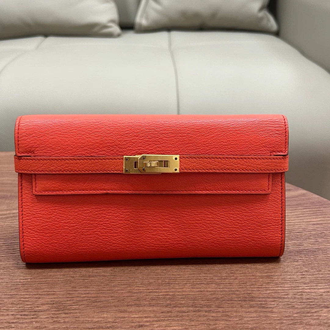 Authentic Hermes Kelly Long Wallet Goatskin Orange Gold Hardware