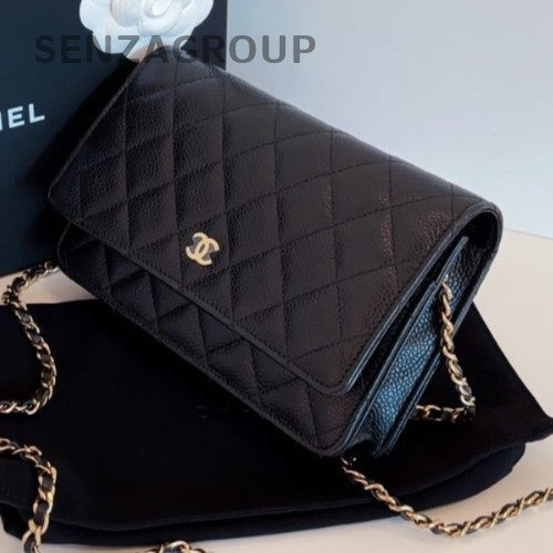 Chanel WOC Chain Diamond Crossbody Shoulder Bag Black Gold Used Women Fashion