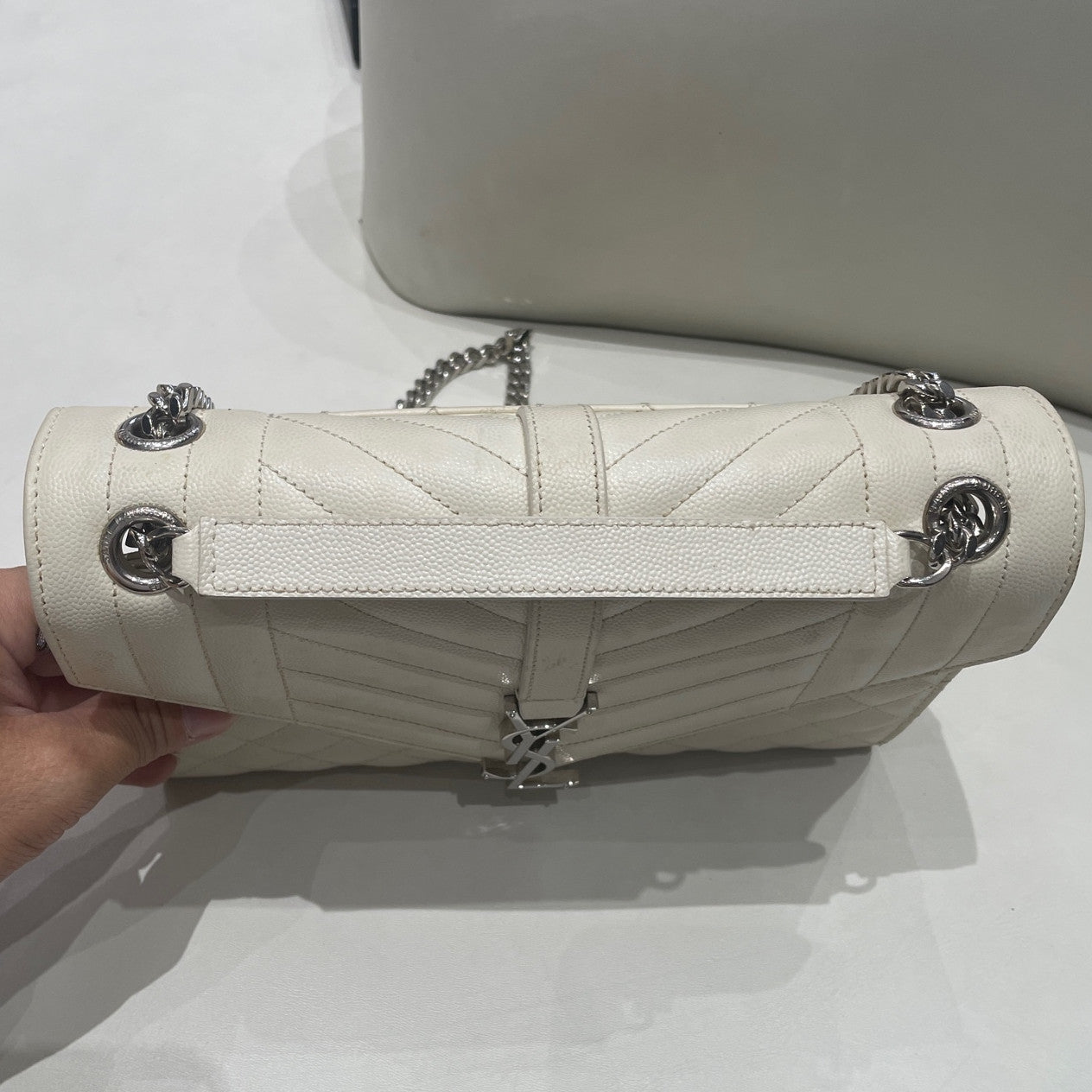 Saint Laurent Envelope Chain Shoulder Bag White Silver Hardware Classic