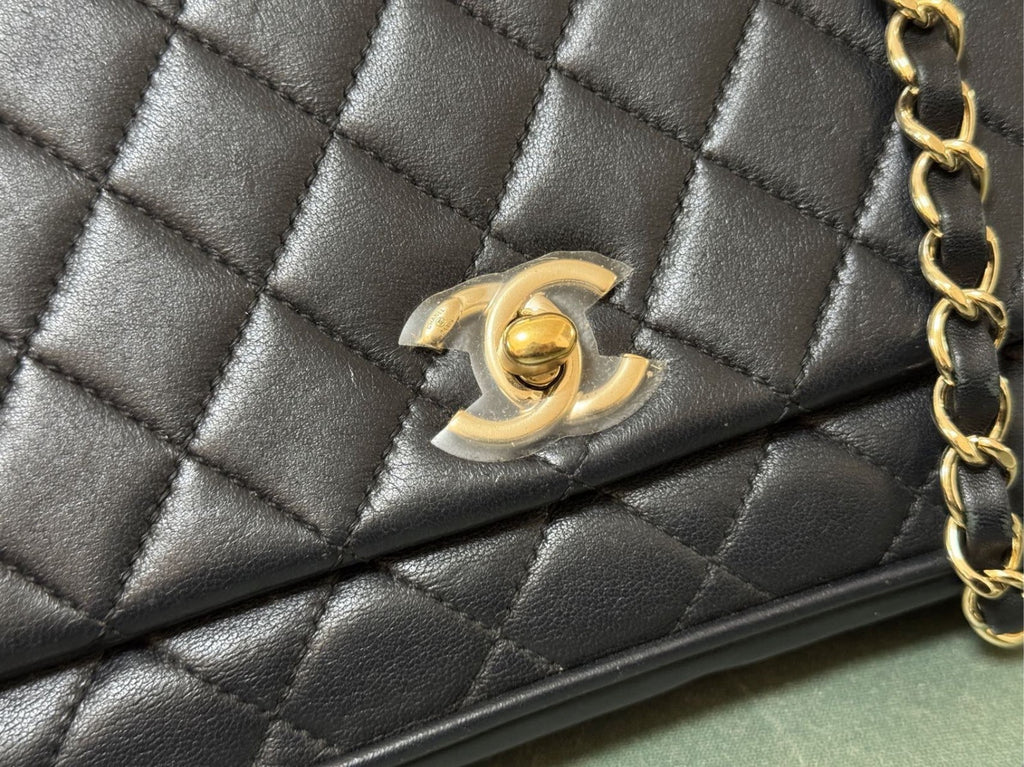 Chanel Calfskin Diamond Chain Top Handle Crossbody Black Gold Women Classic