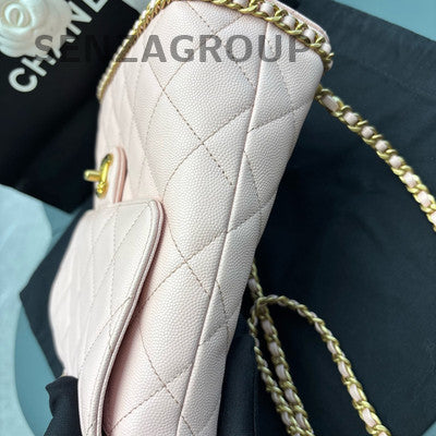Chanel 23K Pink Quilted Backpack with Gold Chain Strap & CC Logo