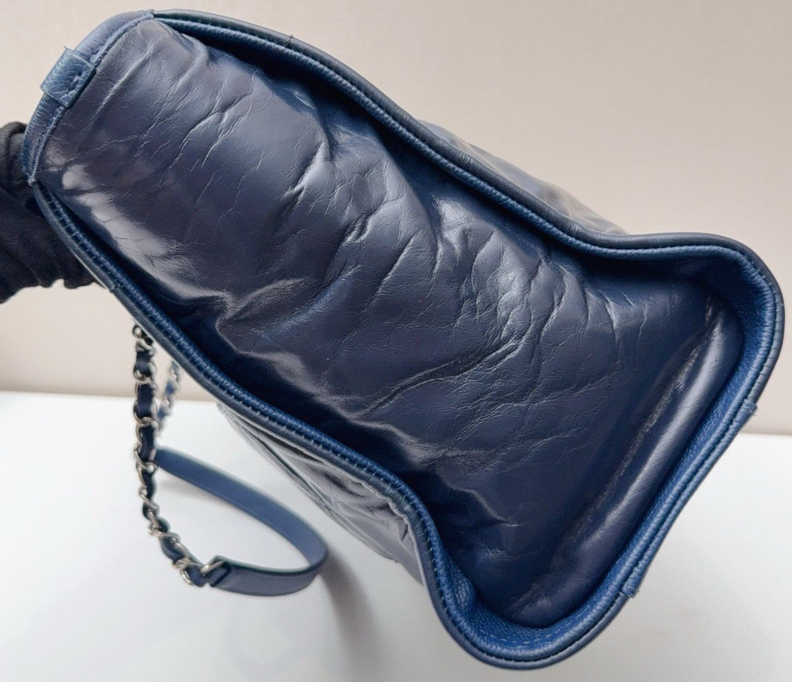 Chanel Cambon Calfskin Chain Shoulder Bag Blue Silver Used Women Classic