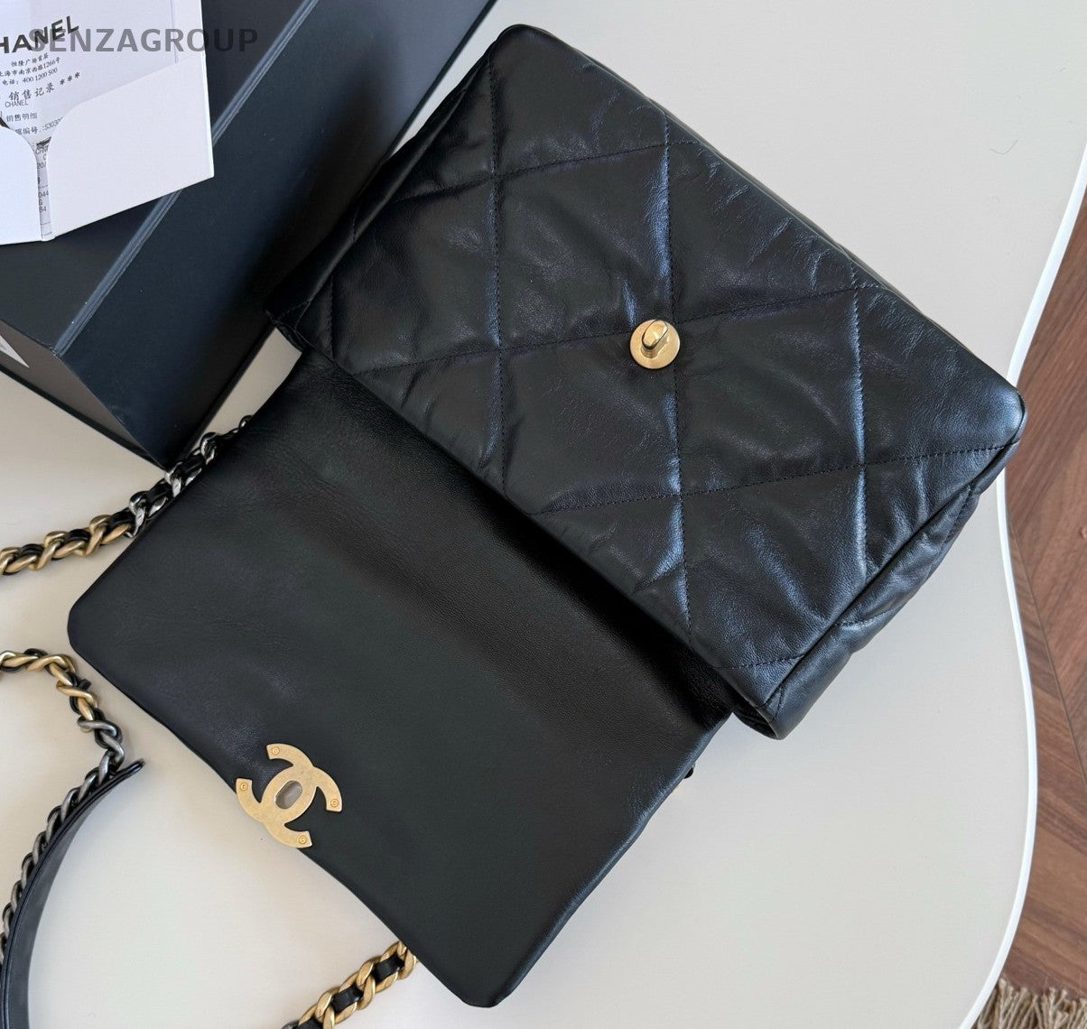 Chanel 19Bag MM Chain Shoulder Bag Crossbody Black Gold Women Classic Fashion