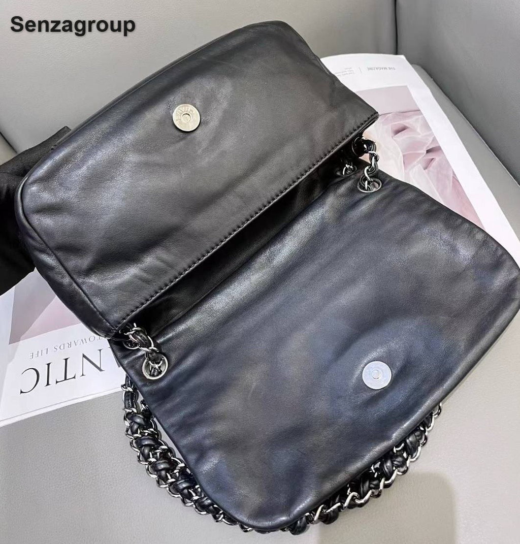 Chanel CC Logo Chain Shoulder Bag Black Silver Used Women Classic