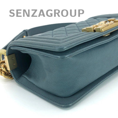 Chanel Le Boy Small Blue Gold Hardware Calfskin Chain Shoulder Bag