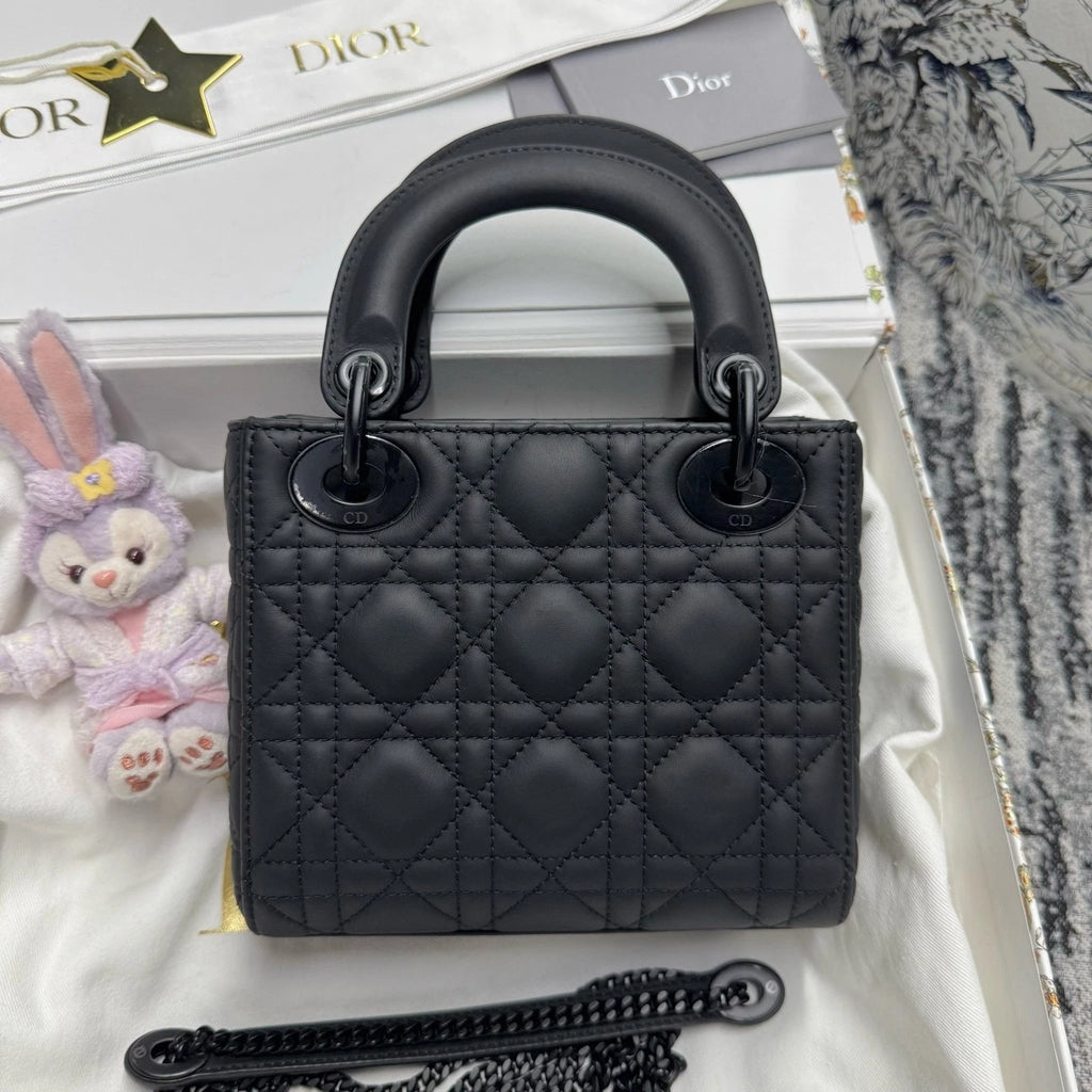 Dior Black Matte Leather 3-Grid Lady Dior Top Handle Bag For Women