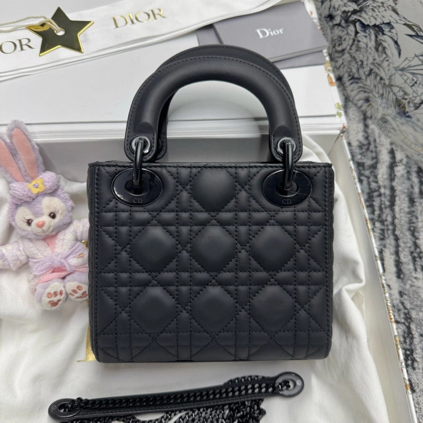 Dior Black Matte Leather 3-Grid Lady Dior Top Handle Bag For Women