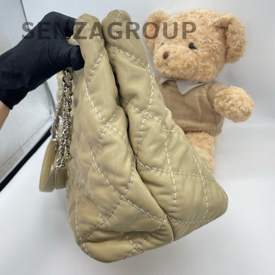 Chanel Quilted Tote Chain Shoulder Bag Beige Silver Hardware Classic