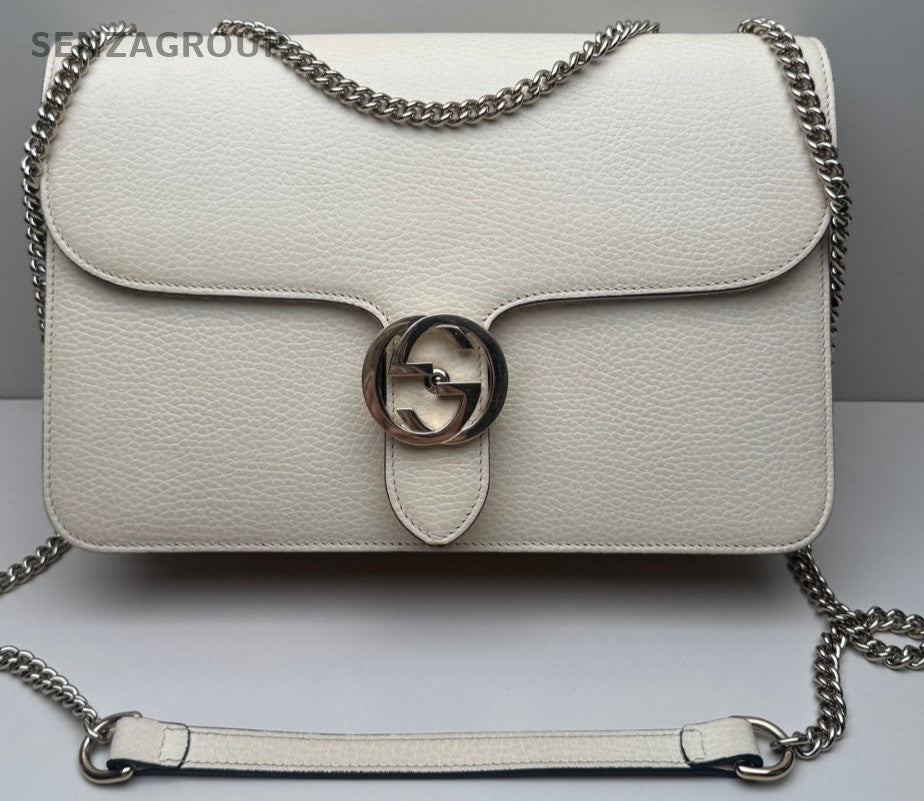Gucci GG Textured Calfskin Shoulder Crossbody Bag Cream Almost Brand New