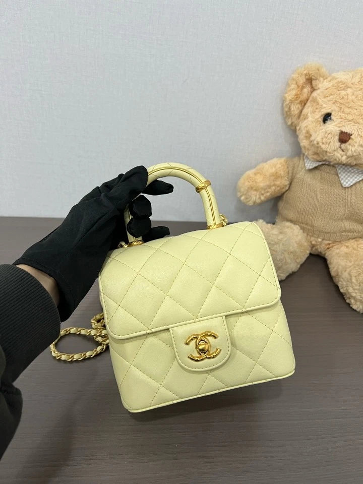 CHANEL 23S Yellow Lambskin Top Handle Box Bag For Women
