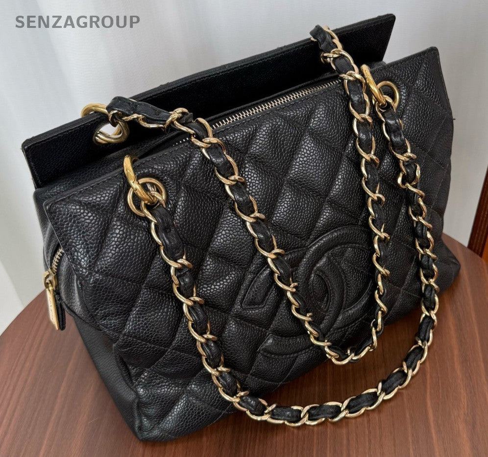 CHANEL PPT Caviar CC Chain Shoulder Handbag Black Gold Women tote
