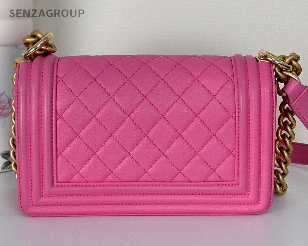 Chanel Leboy Chain Calfskin Shoulder Bag Pink Gold Diamond Women Classic
