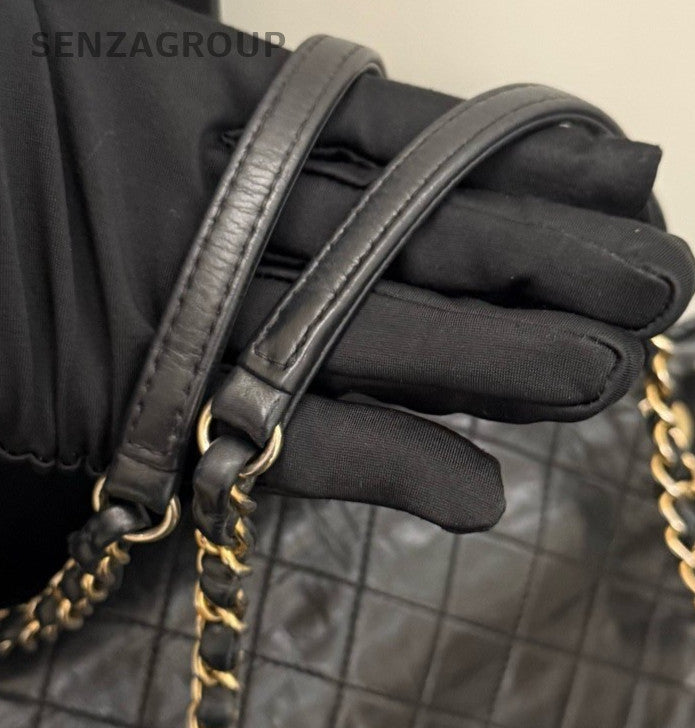 Chanel Classic Flap Calfskin Chain Shoulder Bag Black Gold Used Women Designer