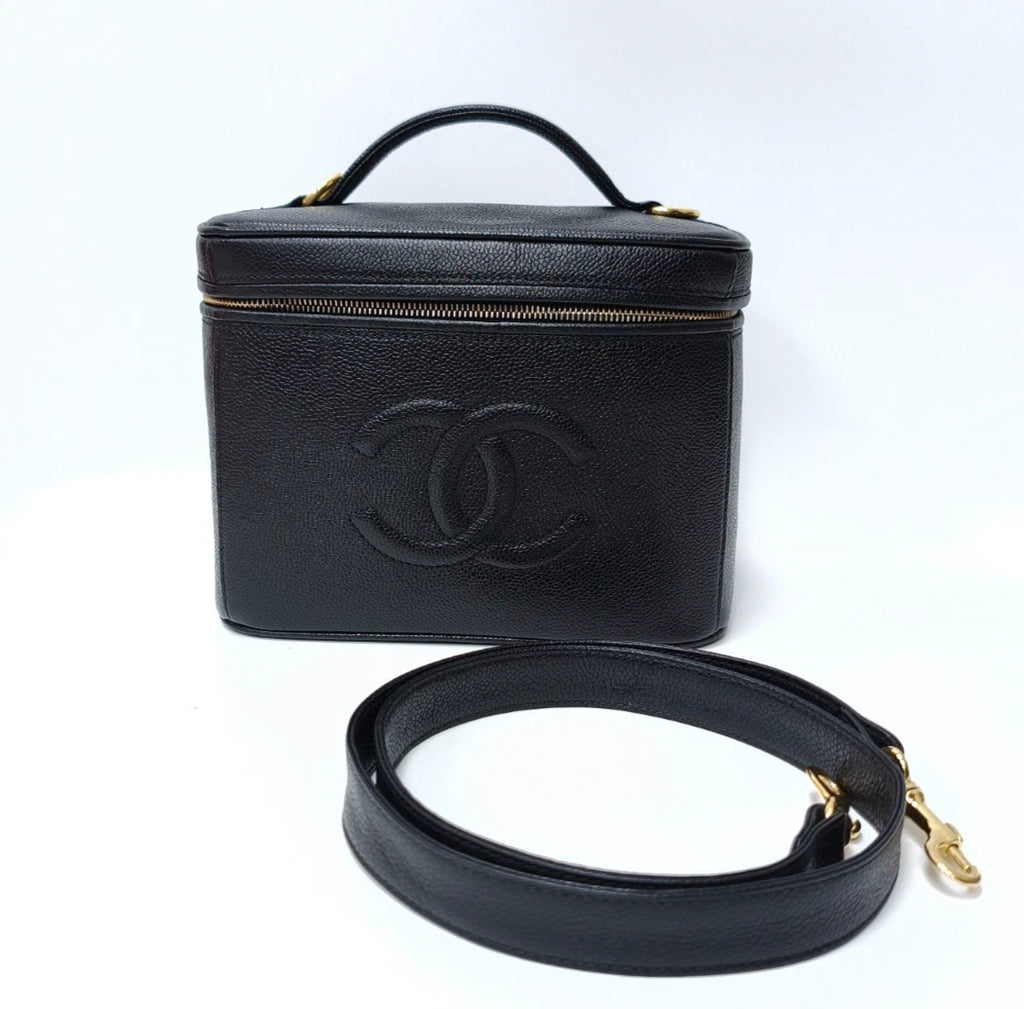 Chanel Vanity Black Gold Crossbody Top Handle Excellent