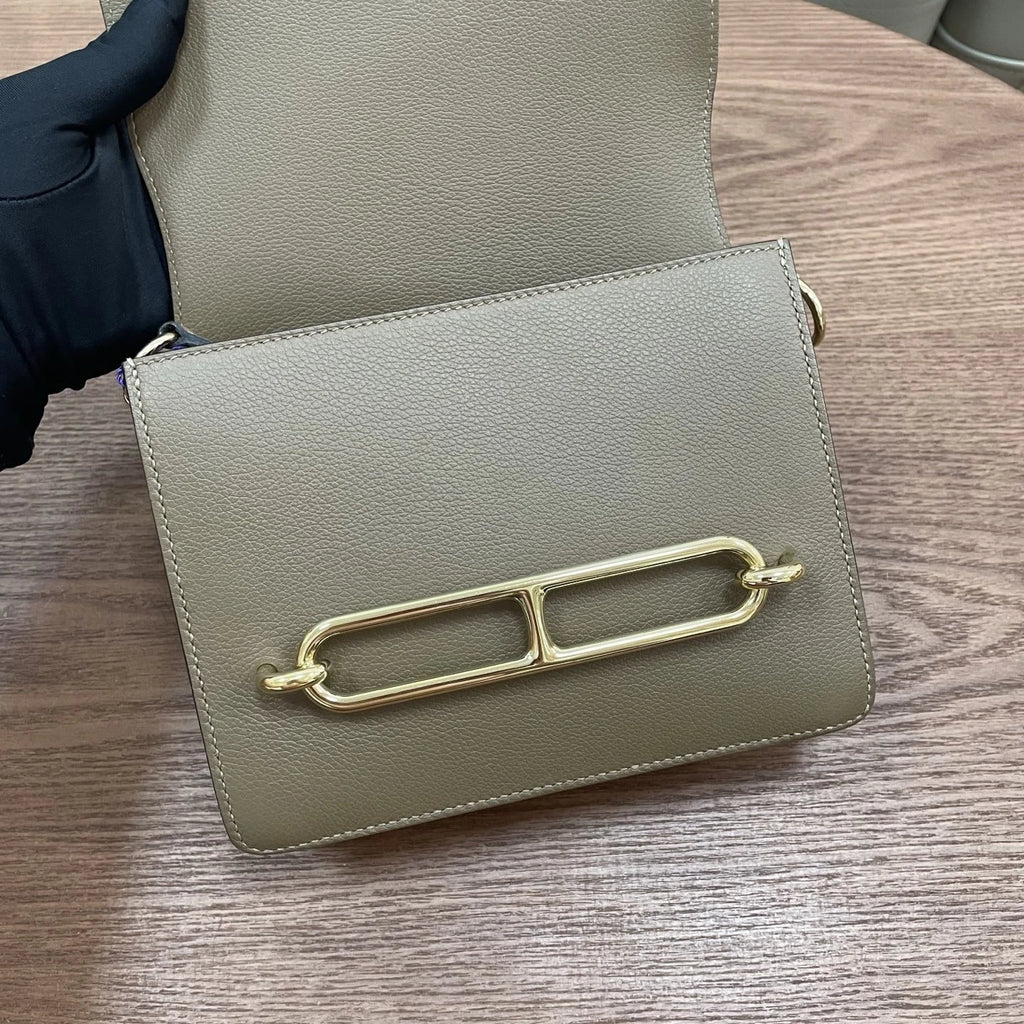 Hermes Roulis19 Evercolor Leather Shoulder Crossbody Gray Gold Women Classic