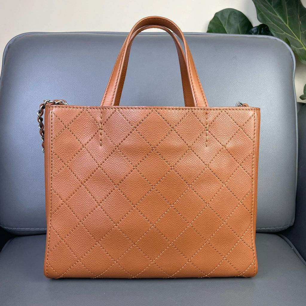 Vintage CHANEL Brown Leather Quilted Logo Tote Bag For Women