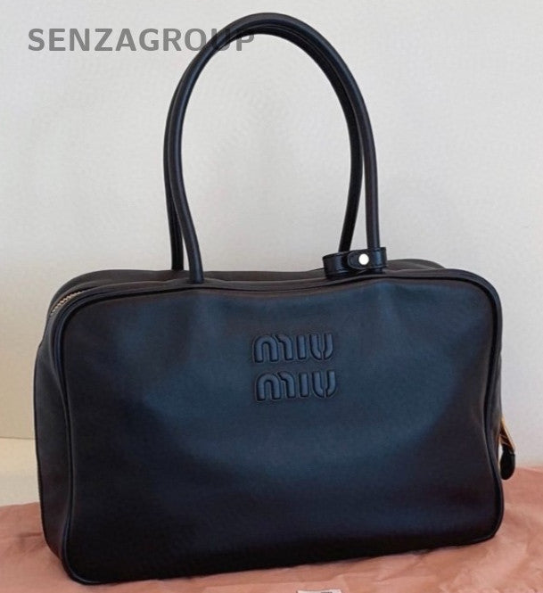 MiuMiu Beau Calfskin Satchel Top Handle Bag Black Gold Unisex Adults Classic