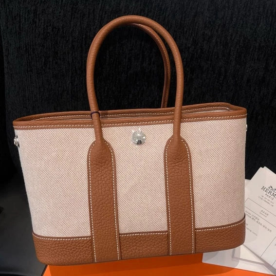 Hermes Garden Party Mini Canvas Tote Top Handle Bag Brown Silver Women Classic D
