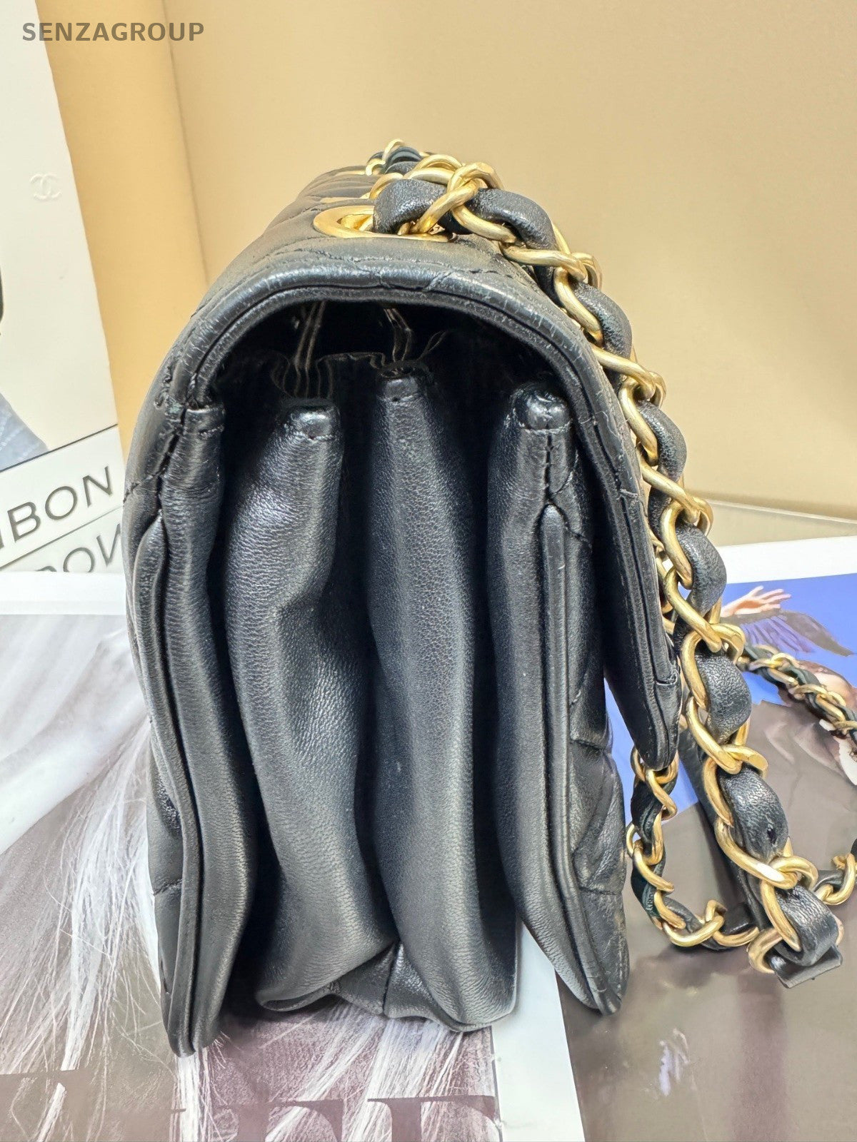 Chanel Classic Flap Lambskin Chain Shoulder Bag Black Gold Women Designer