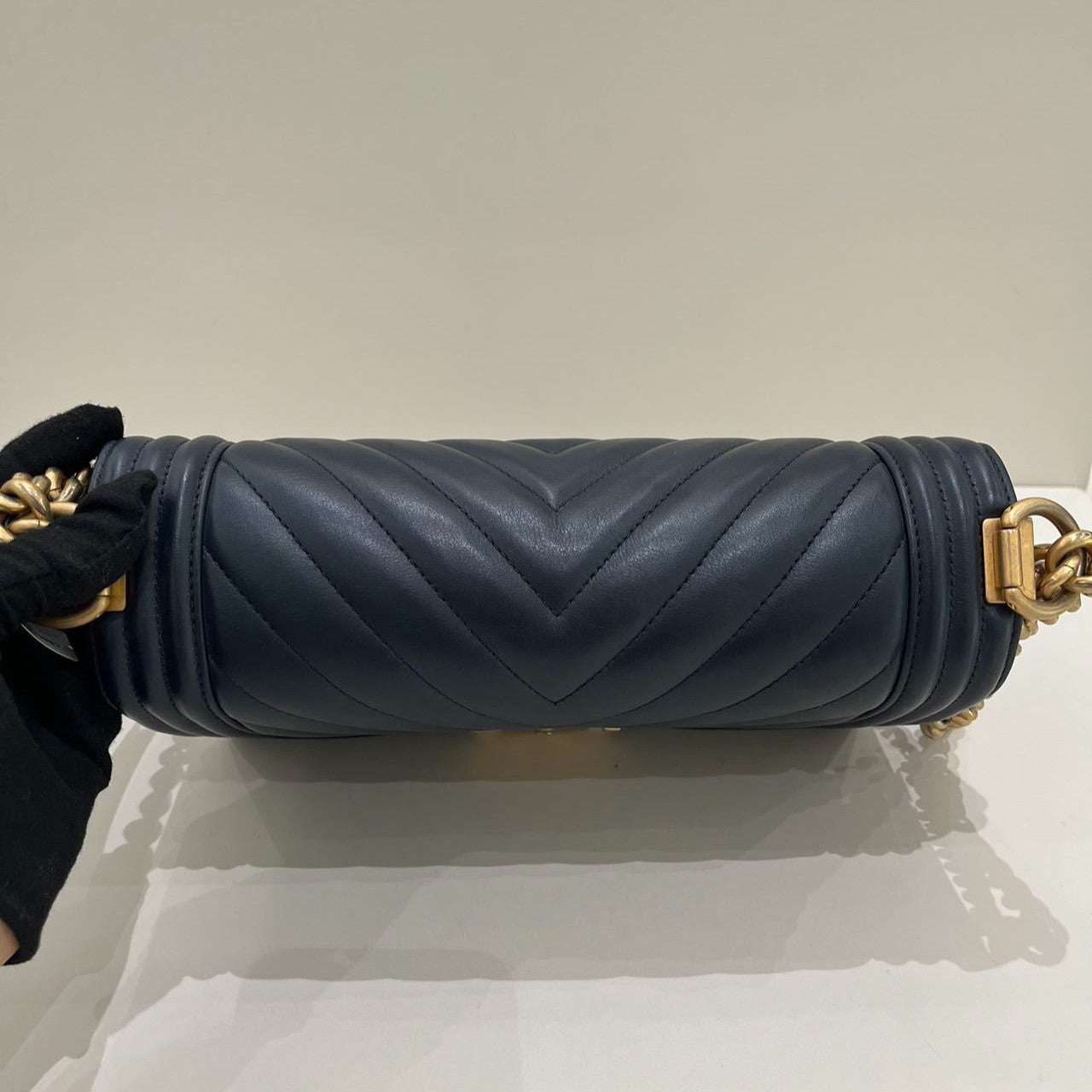Chanel Le Boy Medium Chevron Blue Gold Chain Shoulder Crossbody Bag